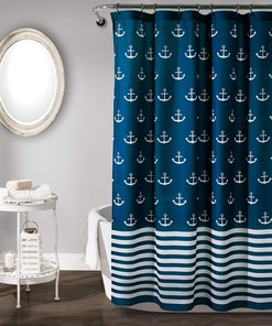 Navy Blue Anchor Print Shower Curtain- Perfect for Adding a Nautical Touch to Your Beach-Themed Bathroom Decor 