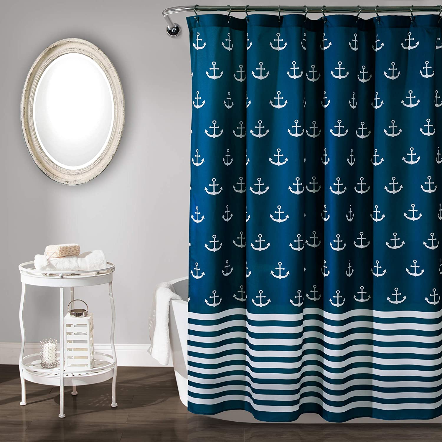 Navy Blue Anchor Print Shower Curtain- Perfect for Adding a Nautical Touch to Your Beach-Themed Bathroom Decor