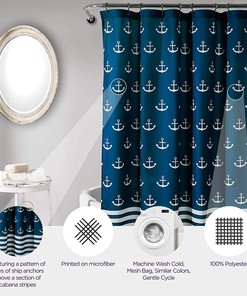 Navy Blue Anchor Print Shower Curtain- Perfect for Adding a Nautical Touch to Your Beach-Themed Bathroom Decor
