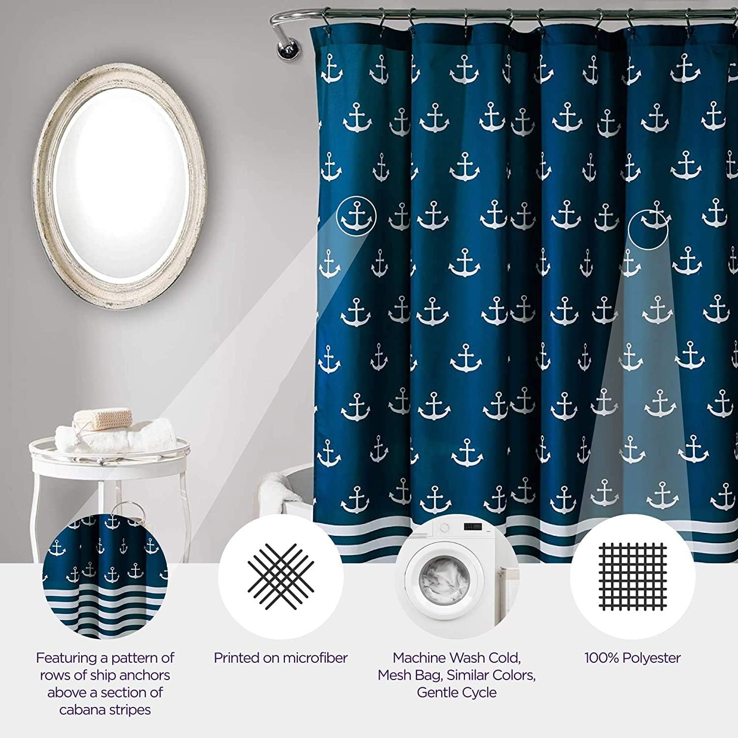 Navy Blue Anchor Print Shower Curtain- Perfect for Adding a Nautical Touch to Your Beach-Themed Bathroom Decor