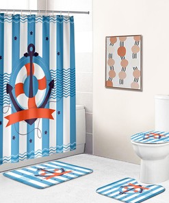 Navy Blue Anchor Print Waterproof Fabric Shower Curtain For Bathroom
