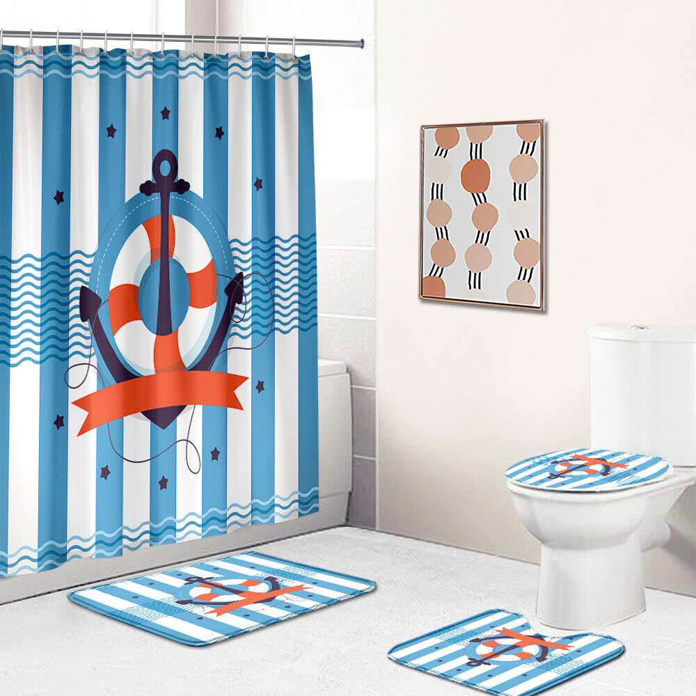 Navy Blue Anchor Print Waterproof Fabric Shower Curtain For Bathroom