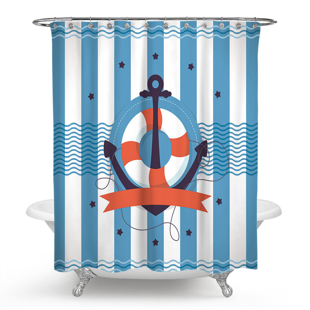Navy Blue Anchor Print Waterproof Fabric Shower Curtain For Bathroom - Image 2