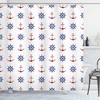 Navy Blue And Ruby Art Print Shower Curtain, Maritime Design Anchors And Ship Wheels On White Background
