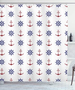 Navy Blue And Ruby Art Print Shower Curtain, Maritime Design Anchors And Ship Wheels On White Background