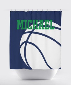 Navy Blue And White Monogrammed Basketball Shower Curtain For Boys And Girls