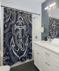 Navy Blue Boho Box Shower Curtain with Colorful Circle Ornate Medallion Design