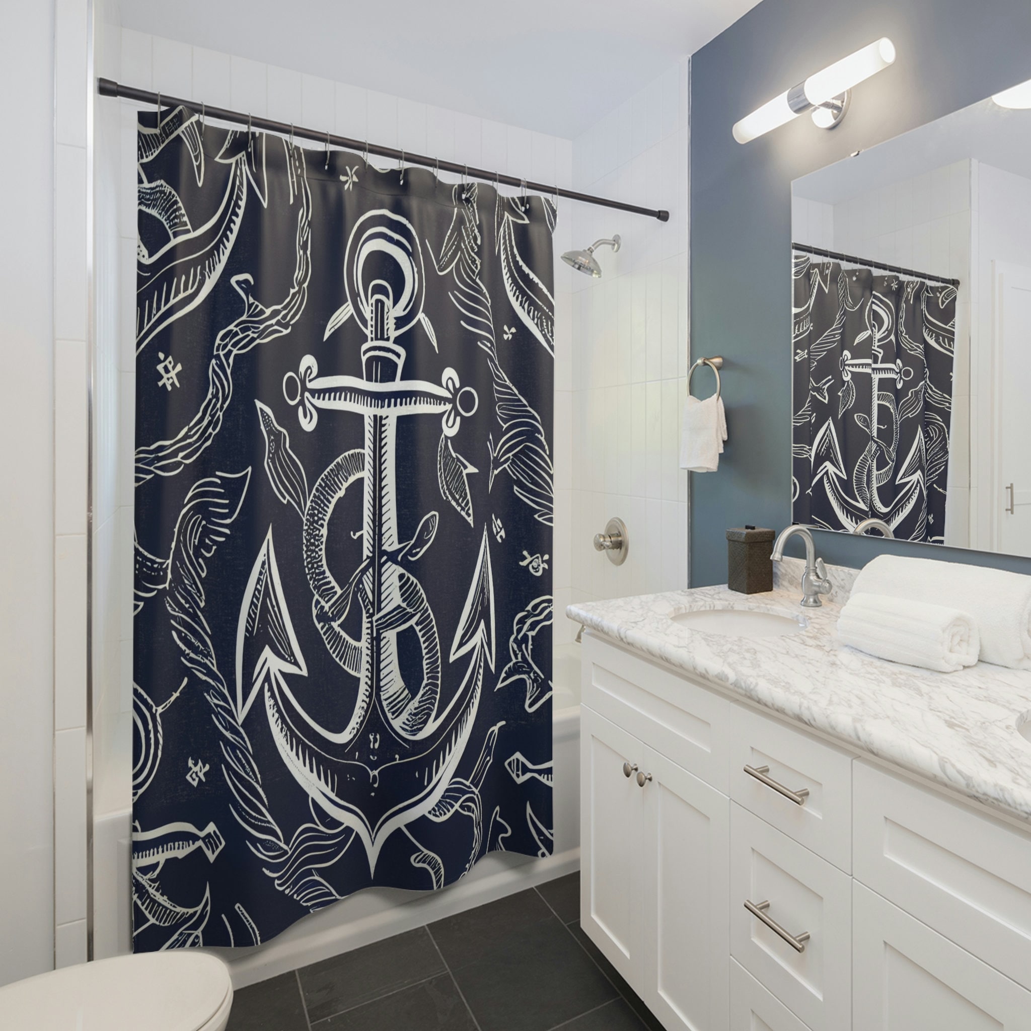 Navy Blue Boho Box Shower Curtain with Colorful Circle Ornate Medallion Design