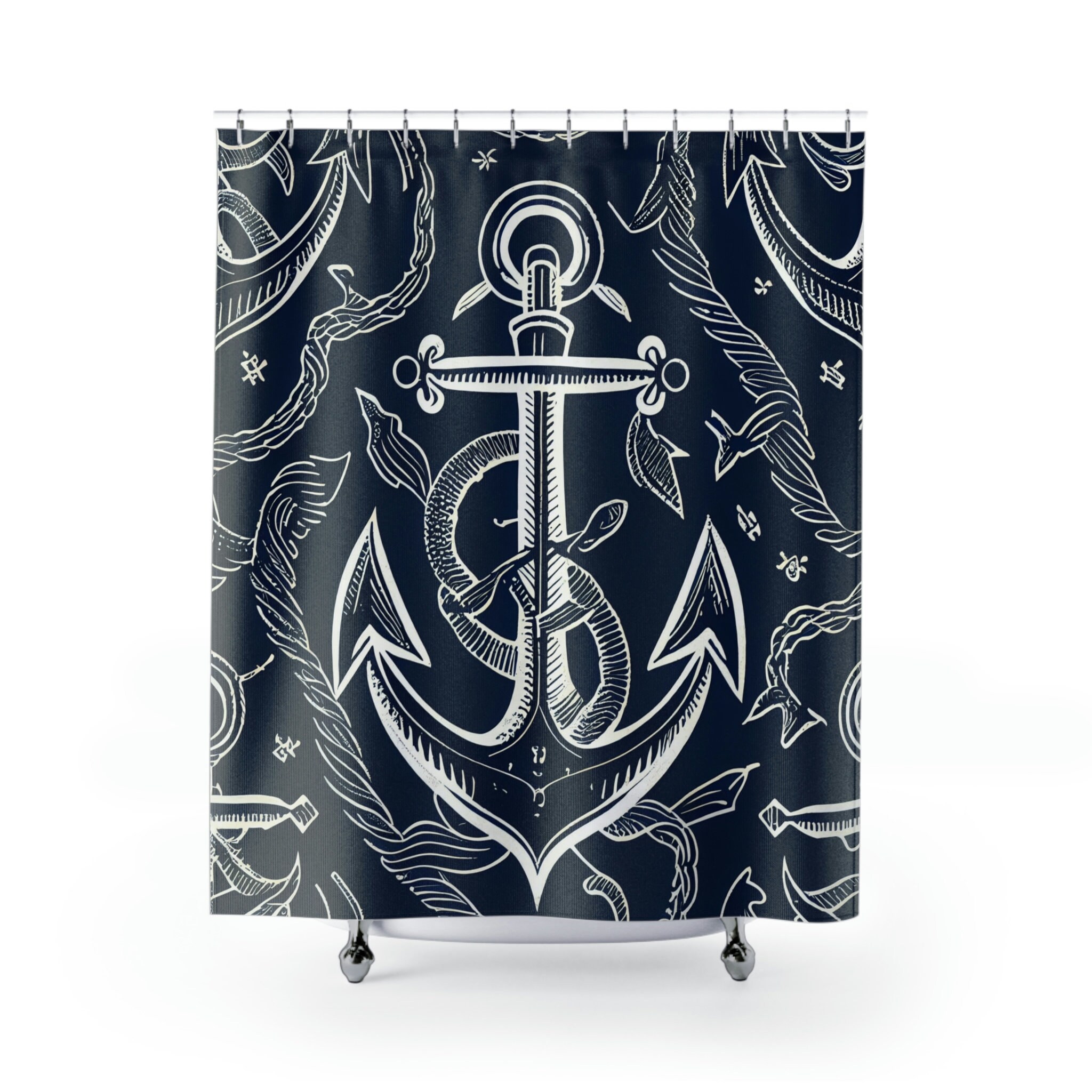 Navy Blue Boho Box Shower Curtain with Colorful Circle Ornate Medallion Design