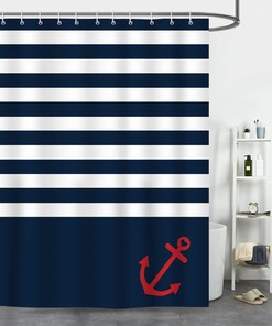 Navy Blue Boho Nautical Stripe Shower Curtain, Anchor And Stripes, Naval Theme Bathroom Decor