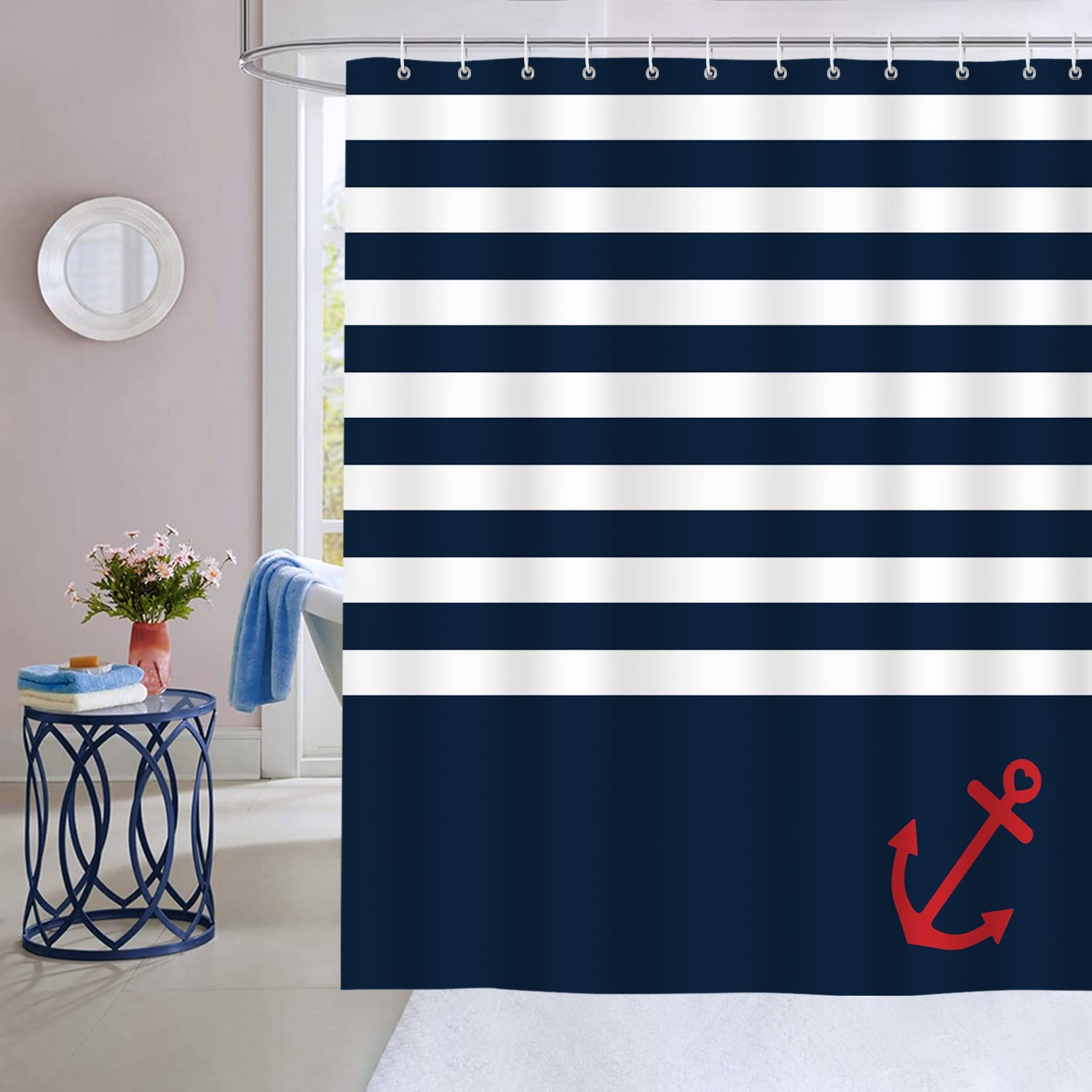Navy Blue Boho Nautical Stripe Shower Curtain, Anchor And Stripes, Naval Theme Bathroom Decor - Image 2