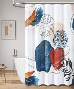 Navy Blue Boho Shower Curtain With Tropical Plant And Mid Century Abstract Decorative Cloth Shower Curtain For Bathroom
