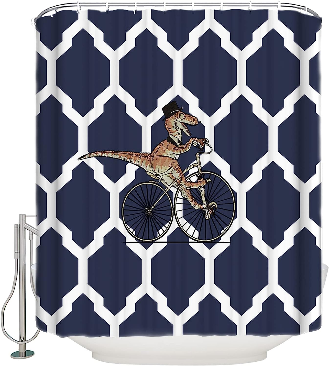 Navy Blue Dinosaur Moroccan Texture Shower Curtain for Bathroom