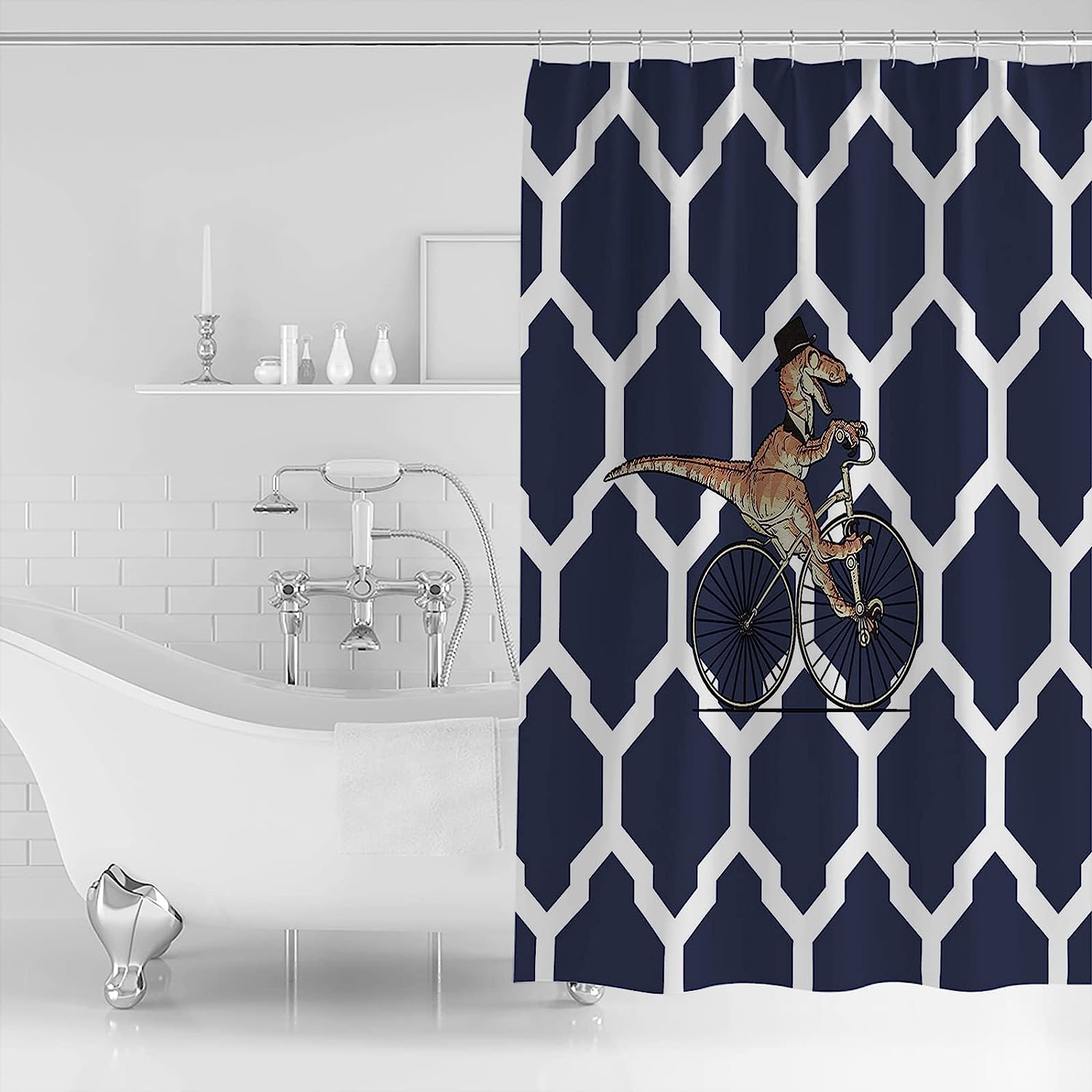 Navy Blue Dinosaur Moroccan Texture Shower Curtain for Bathroom