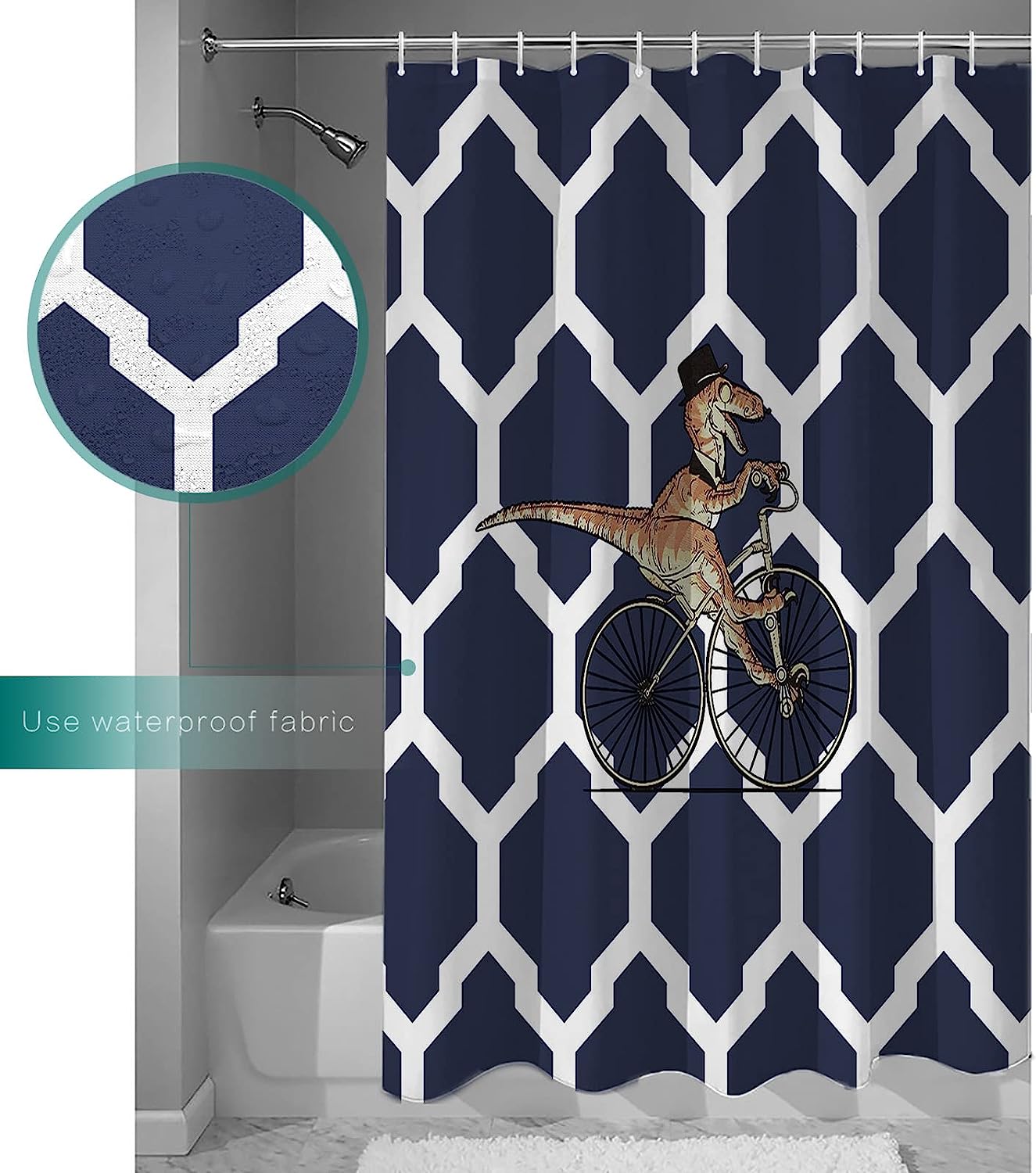 Navy Blue Dinosaur Moroccan Texture Shower Curtain for Bathroom