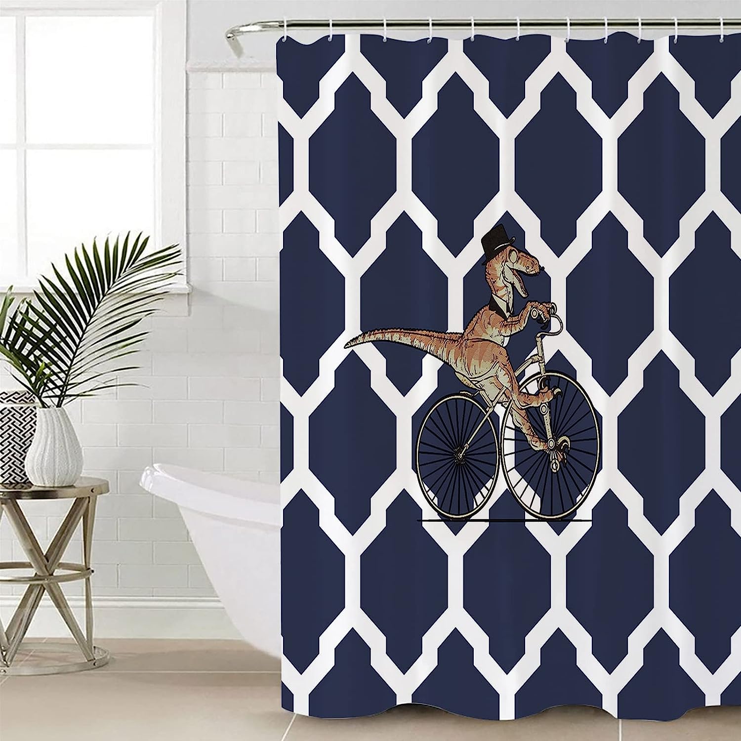 Navy Blue Dinosaur Moroccan Texture Shower Curtain for Bathroom
