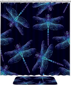 Navy Blue Dragonfly Chong Shower Curtain, Microfiber Bathroom Accents Fabric Machine Washable