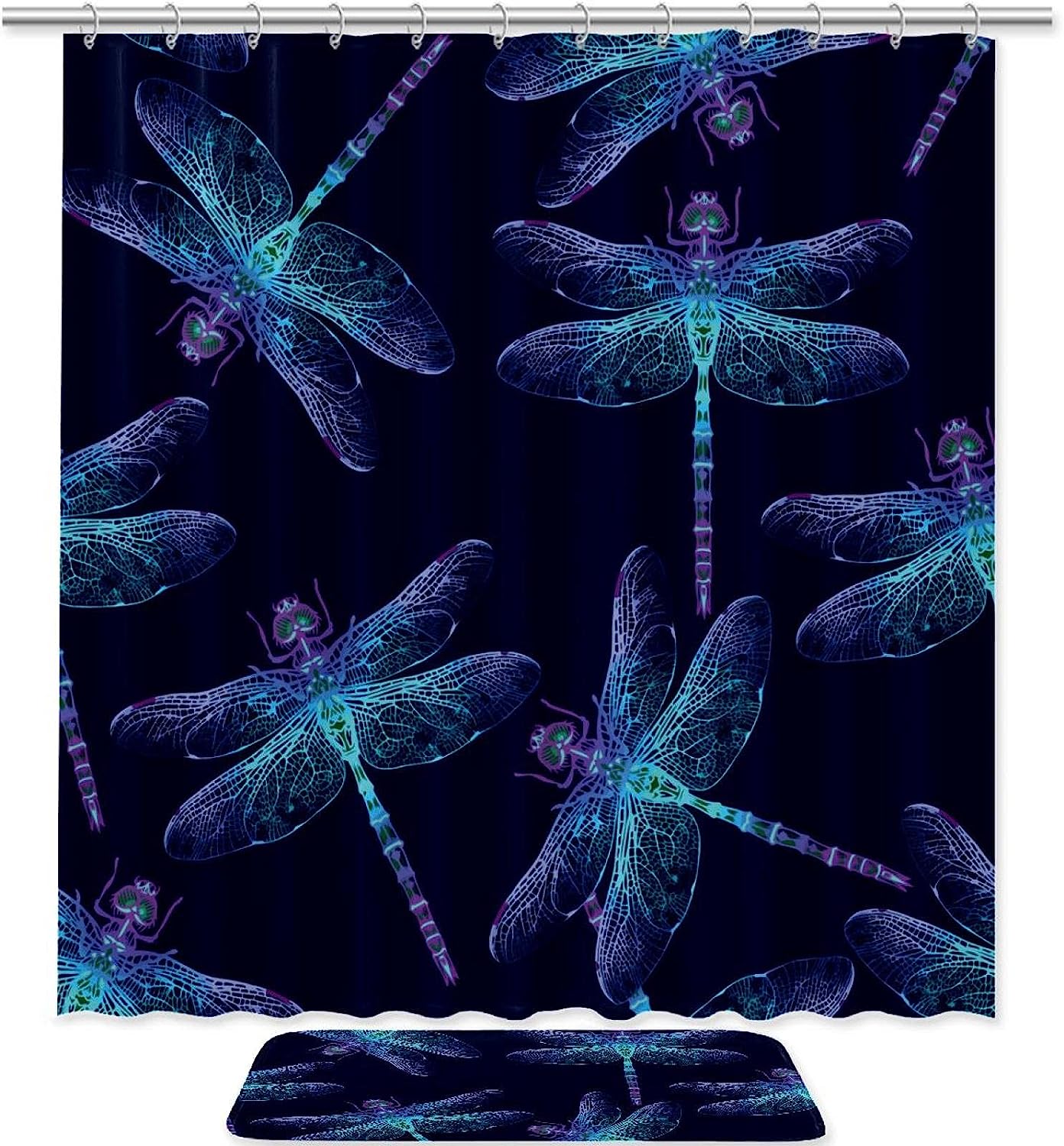 Navy Blue Dragonfly Chong Shower Curtain, Microfiber Bathroom Accents Fabric Machine Washable
