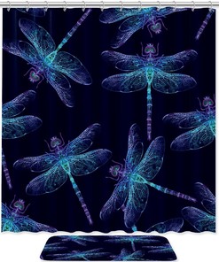 Navy Blue Dragonfly Insect Waterproof Shower Curtain For Bathroom Decor