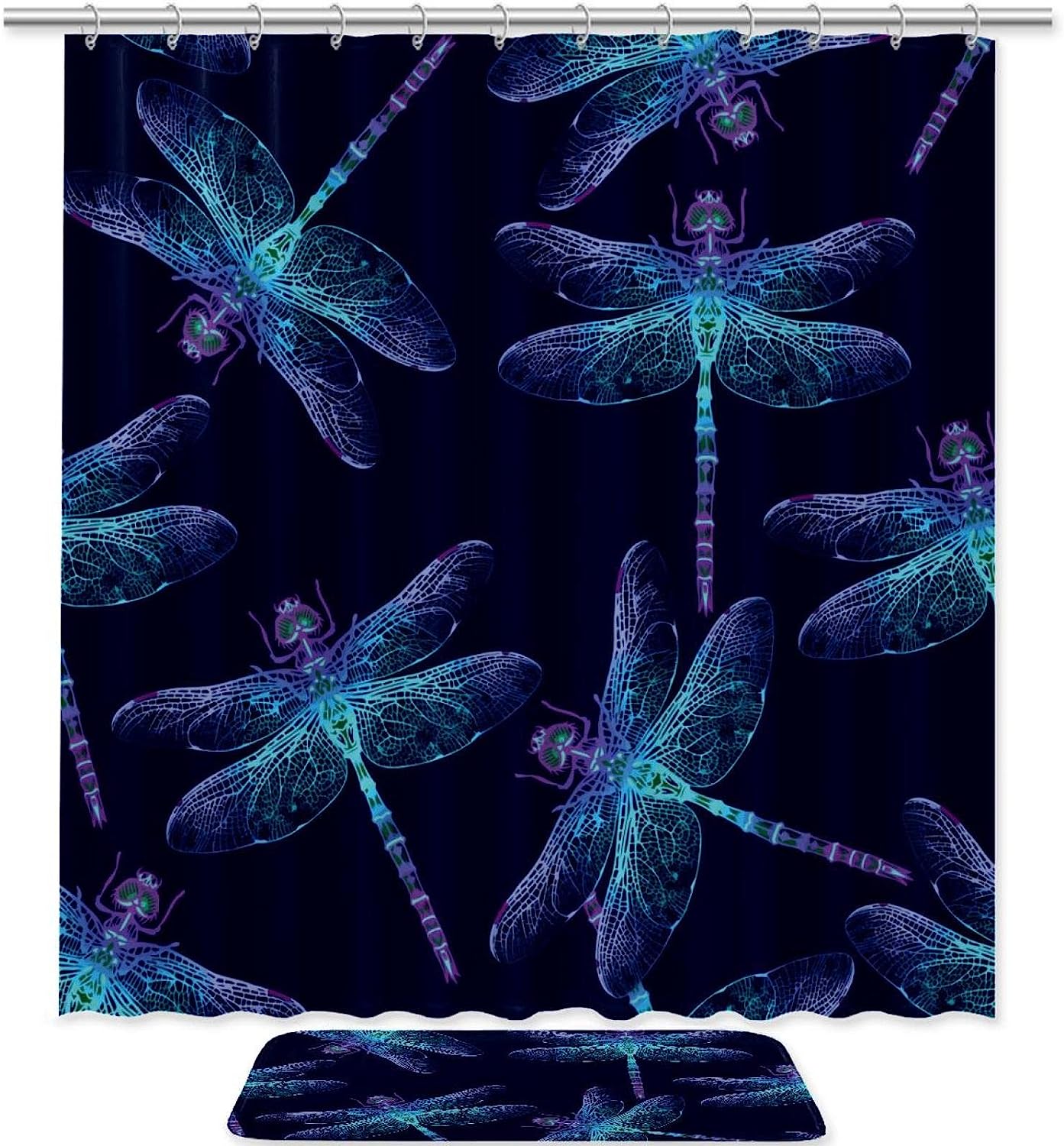 Navy Blue Dragonfly Insect Waterproof Shower Curtain For Bathroom Decor