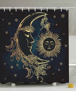 Navy Blue Fabric Shower Curtain With Celestial Moon Sun And Stars Design