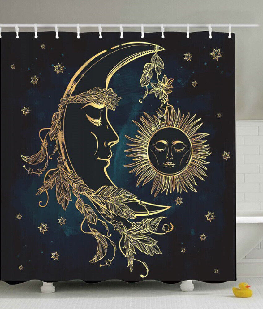 Navy Blue Fabric Shower Curtain With Celestial Moon Sun And Stars Design