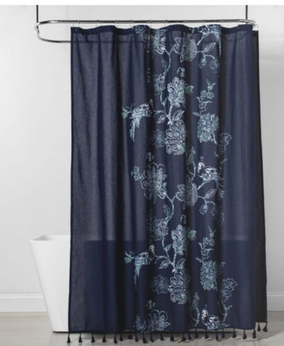 Navy Blue Floral Peacock Shower Curtain by Threshold