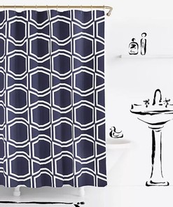 Navy Blue Geometric Bow Tile Fabric Shower Curtain, Elegant Bathroom Decor with Modern Design