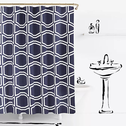 Navy Blue Geometric Bow Tile Fabric Shower Curtain, Elegant Bathroom Decor with Modern Design