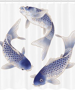 Navy Blue Koi Fish Watercolor Shower Curtain Fabric with White Background- Oceanic Life Bathroom Dcor