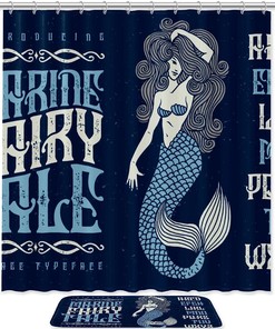 Navy Blue Marine Mermaid Waterproof Shower Curtain for the Bathroom