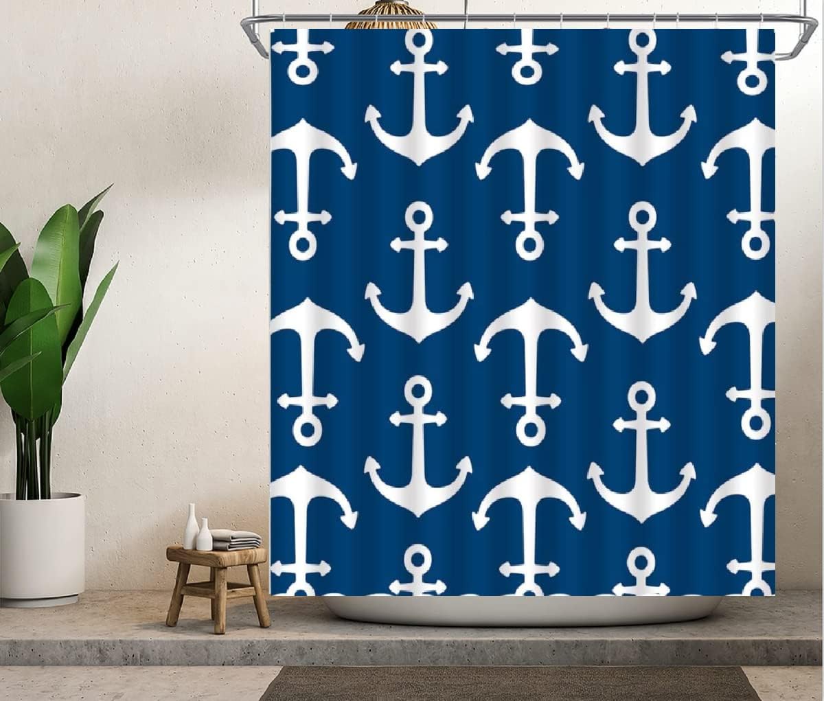 Navy Blue Nautical Anchor Ocean Sea Life Marine Anchor Shower Curtain