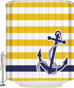 Navy Blue Nautical Anchor Print Shower Curtain with Yellow Stripe Pattern for Modern Bathroom Decor