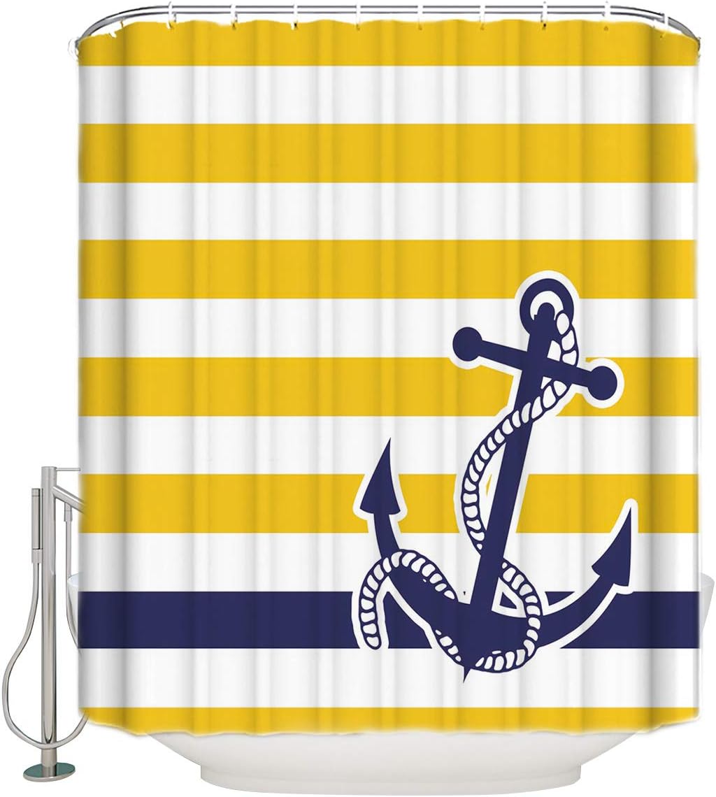 Navy Blue Nautical Anchor Print Shower Curtain with Yellow Stripe Pattern for Modern Bathroom Decor