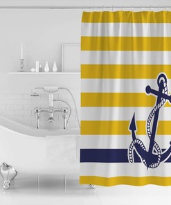Navy Blue Nautical Anchor Print Shower Curtain with Yellow Stripe Pattern for Modern Bathroom Decor
