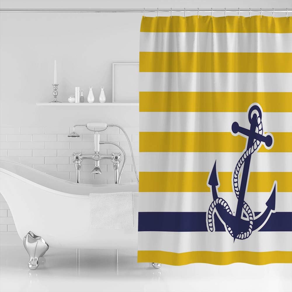 Navy Blue Nautical Anchor Print Shower Curtain with Yellow Stripe Pattern for Modern Bathroom Decor