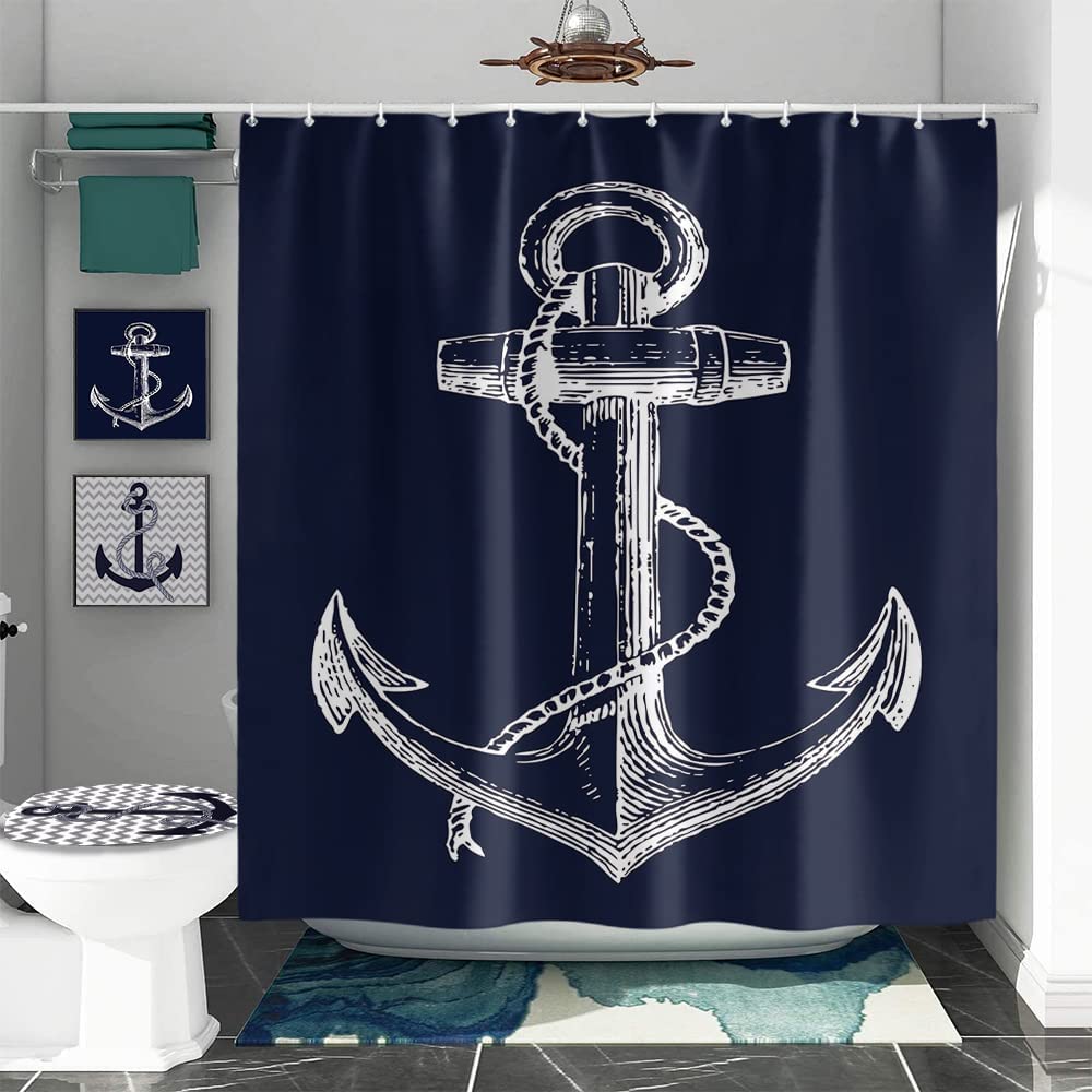 Navy Blue Nautical Anchor Shower Curtain For Coastal Bathroom Decor - Image 2