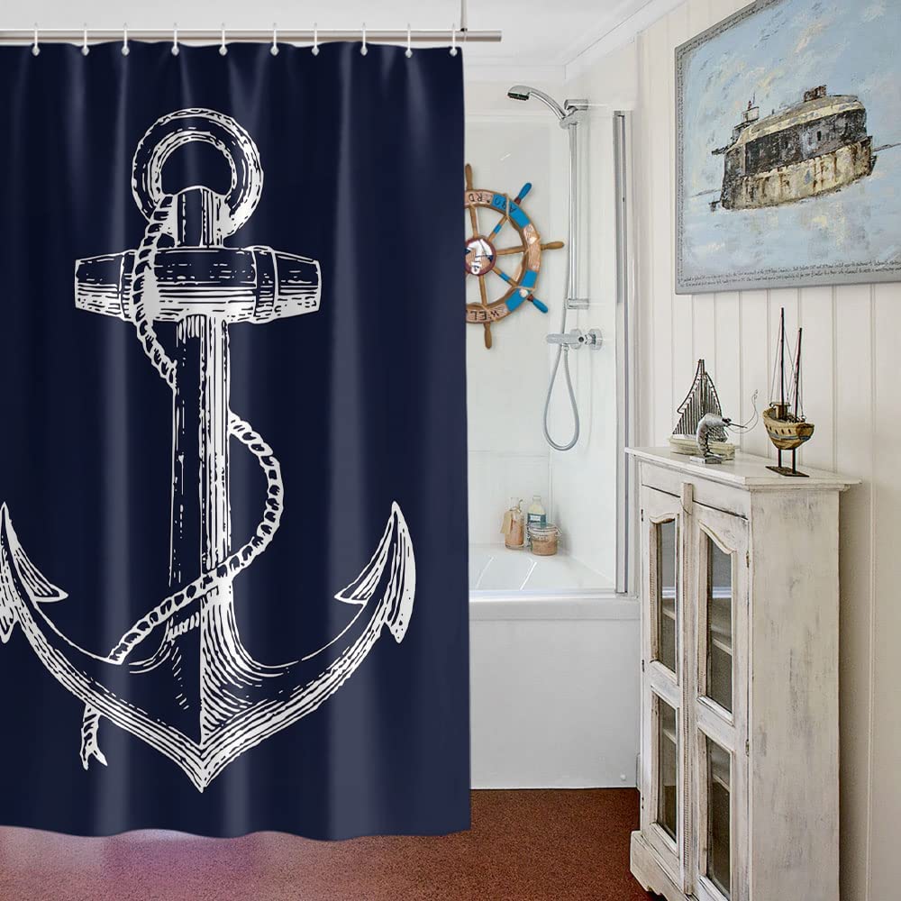 Navy Blue Nautical Anchor Shower Curtain For Coastal Bathroom Decor - Image 3