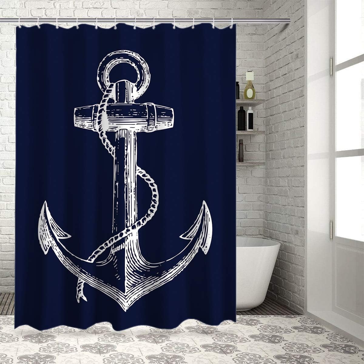 Navy Blue Nautical Anchor Shower Curtain For Coastal Bathroom Decor - Image 4