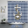 Navy Blue Nautical Anchor Shower Curtain, White Stripes for Coastal Bath Decor 