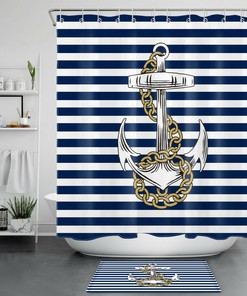 Navy Blue Nautical Anchor Shower Curtain, White Stripes for Coastal Bath Decor 