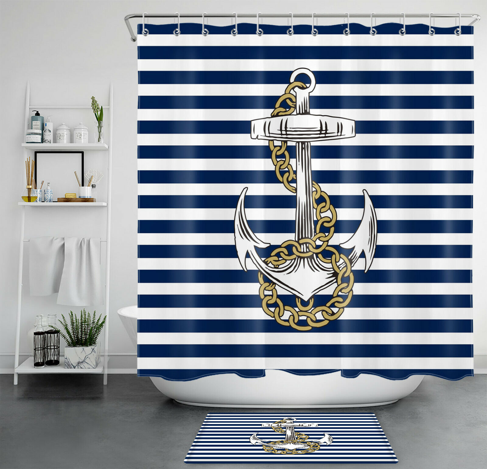Navy Blue Nautical Anchor Shower Curtain, White Stripes for Coastal Bath Decor