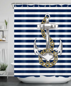 Navy Blue Nautical Anchor Shower Curtain, White Stripes for Coastal Bath Decor