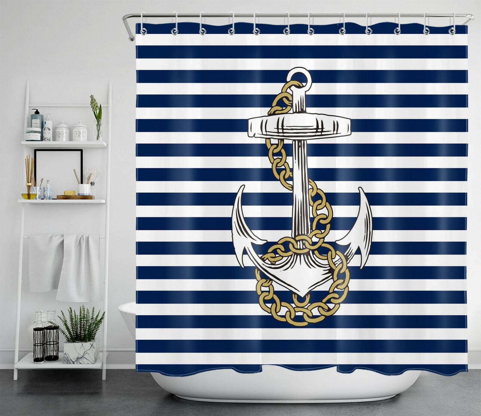 Navy Blue Nautical Anchor Shower Curtain, White Stripes for Coastal Bath Decor