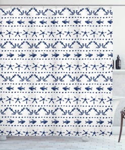 Navy Blue Nautical Shower Curtain, Fish Starfish Anchor Print, Cloth Bathroom Decor