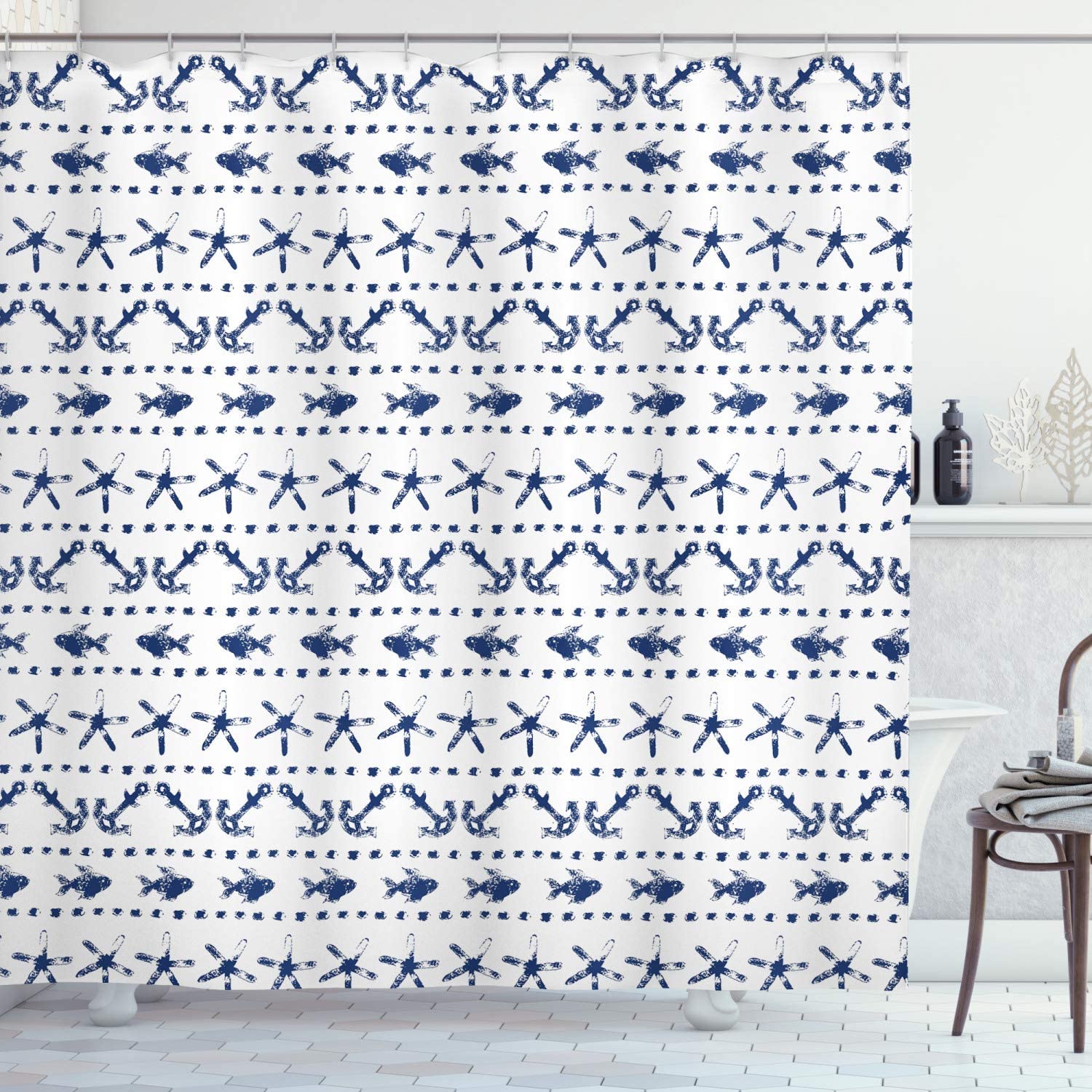 Navy Blue Nautical Shower Curtain, Fish Starfish Anchor Print, Cloth Bathroom Decor