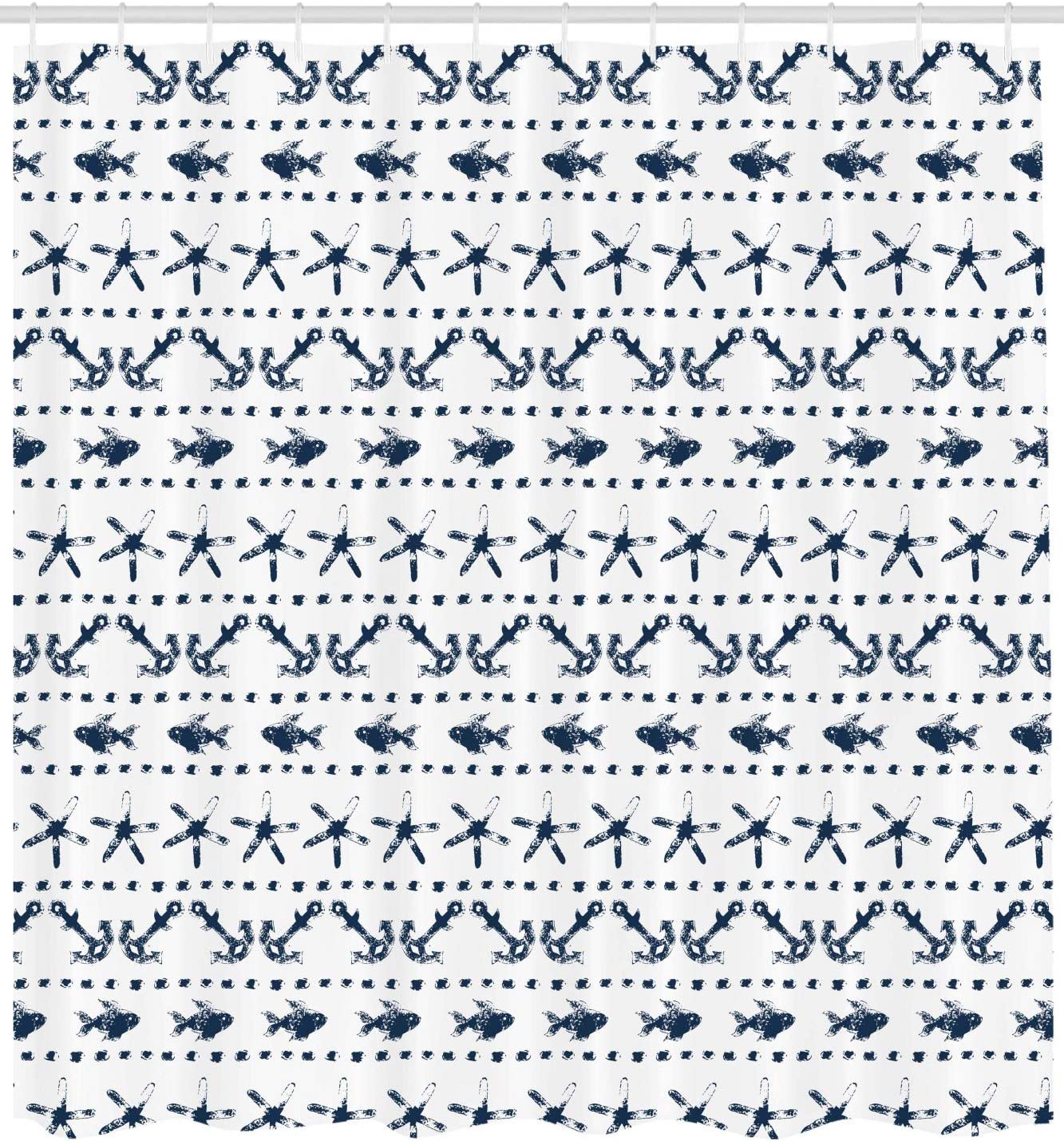 Navy Blue Nautical Shower Curtain, Fish Starfish Anchor Print, Cloth Bathroom Decor - Image 2