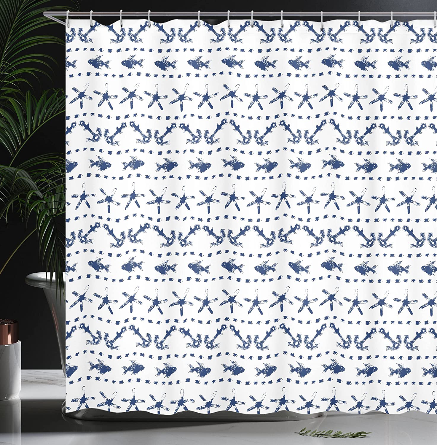 Navy Blue Nautical Shower Curtain, Fish Starfish Anchor Print, Cloth Bathroom Decor - Image 3