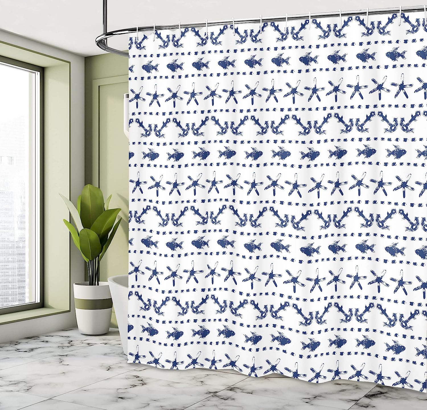 Navy Blue Nautical Shower Curtain, Fish Starfish Anchor Print, Cloth Bathroom Decor - Image 4