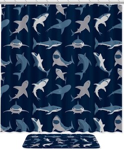 Navy Blue Sharks Pattern Modern Shower Curtain, Double Glide Shower Hooks, Bathroom Decoration